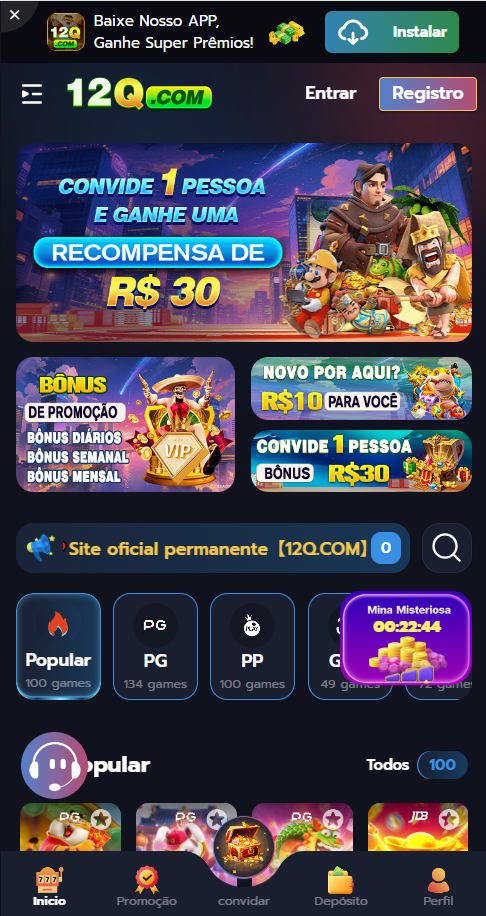 Página inicial do app 12Q.COM exibindo banners de promoções (R$ 30 por convite, R$ 10 de boas-vindas), bônus diários, semanais e mensais, cronômetro da Mina Misteriosa e lista de jogos populares.