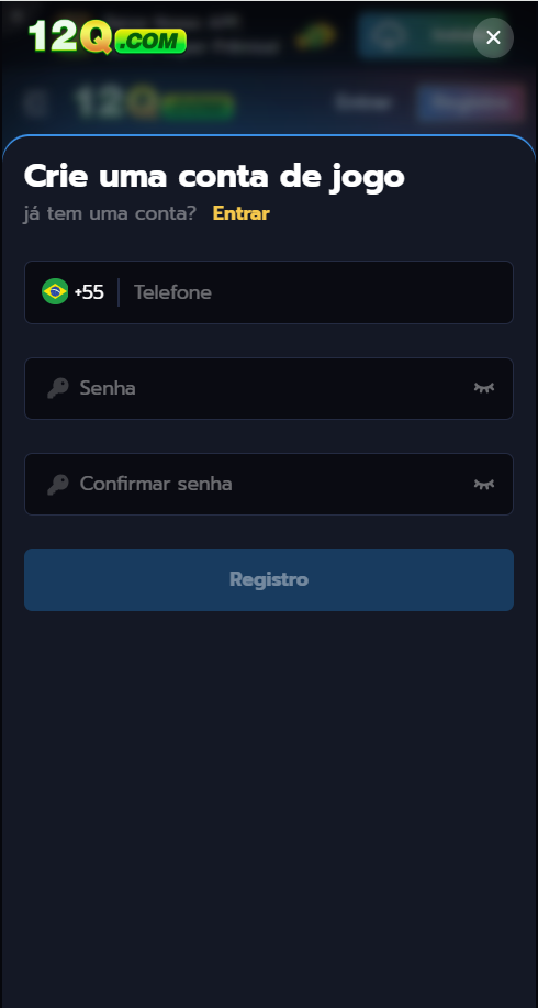 Formulário de cadastro do 12Q.COM solicitando telefone com DDD +55, senha e confirmação de senha
