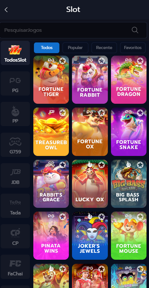 Tela de seleção de slots no 12Q.COM exibindo jogos populares como Fortune Tiger, Fortune Rabbit, Fortune Dragon e Big Bass Splash