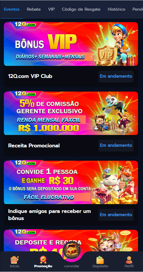 Banner de promoção VIP no 12Q.COM mostrando bônus diários, semanais e mensais com personagens animados