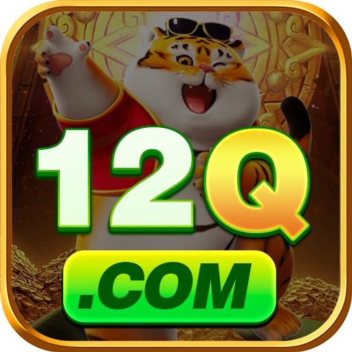 Logotipo do 12Q.COM com um tigre animado celebrando sobre pilhas de moedas de ouro
