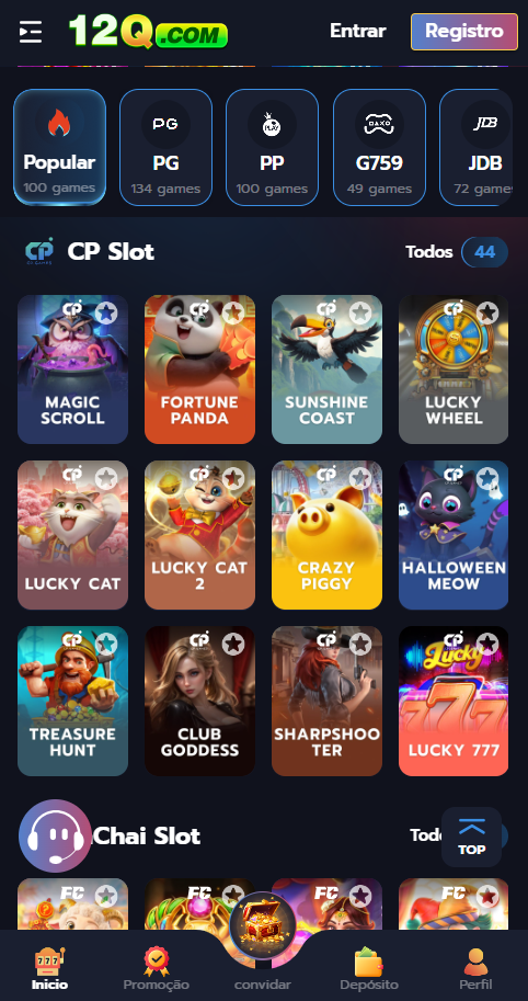 Jogos CP Slot no 12Q.COM como Magic Scroll, Fortune Panda, Sunshine Coast, Lucky Wheel e Crazy Piggy