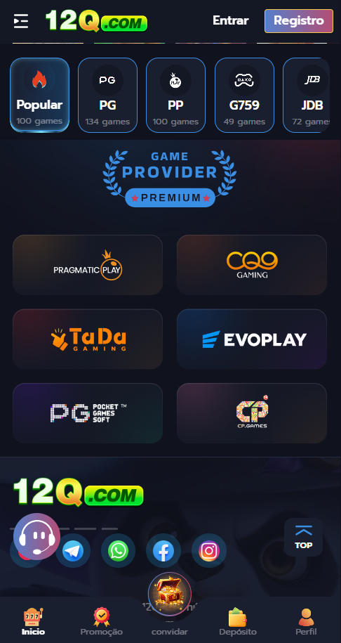 Game Provider Premium no 12Q.COM: Pragmatic Play, CQ9 Gaming, TaDa Gaming, Evoplay, PG Pocket Games Soft e CP Games