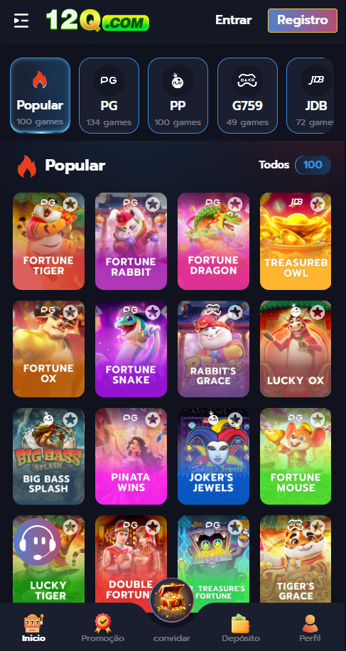 Slots populares no 12Q.COM incluindo Fortune Tiger, Fortune Rabbit, Fortune Dragon e Treasure Owl