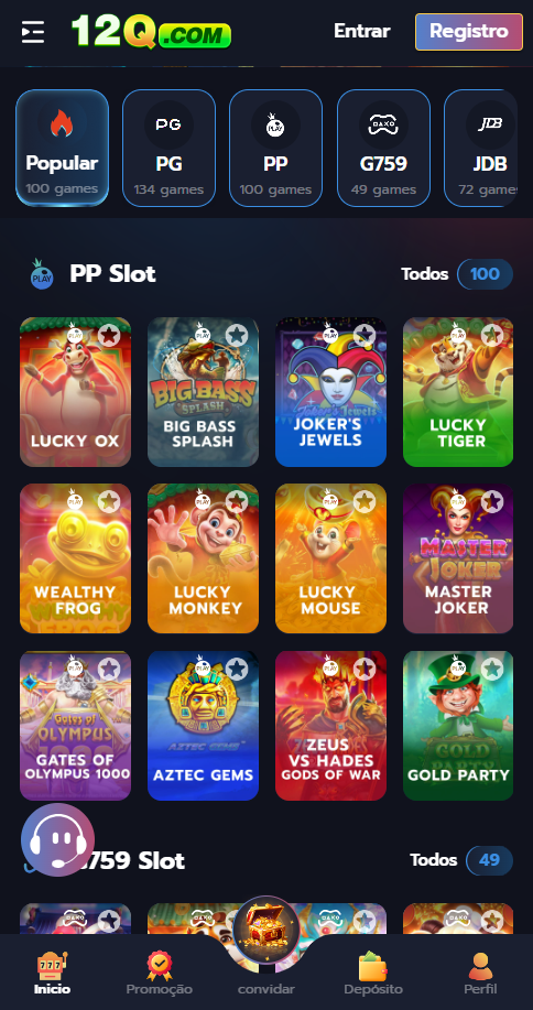 Jogos PP Slot no 12Q.COM incluindo Lucky Ox, Big Bass Splash, Joker's Jewels, Lucky Tiger, Wealthy Frog e Lucky Monkey